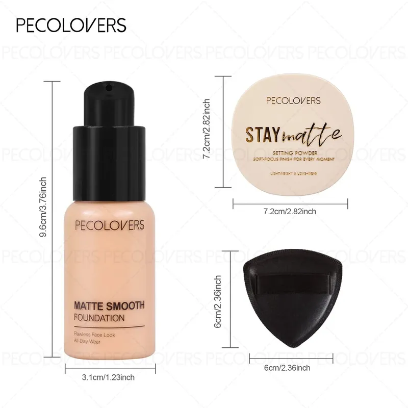 3pcs/Set Foundation Loose Powder Triangle Makeup Kit Full Coverage Liquid Foundation Waterproof Long-Lasting Base Makeup