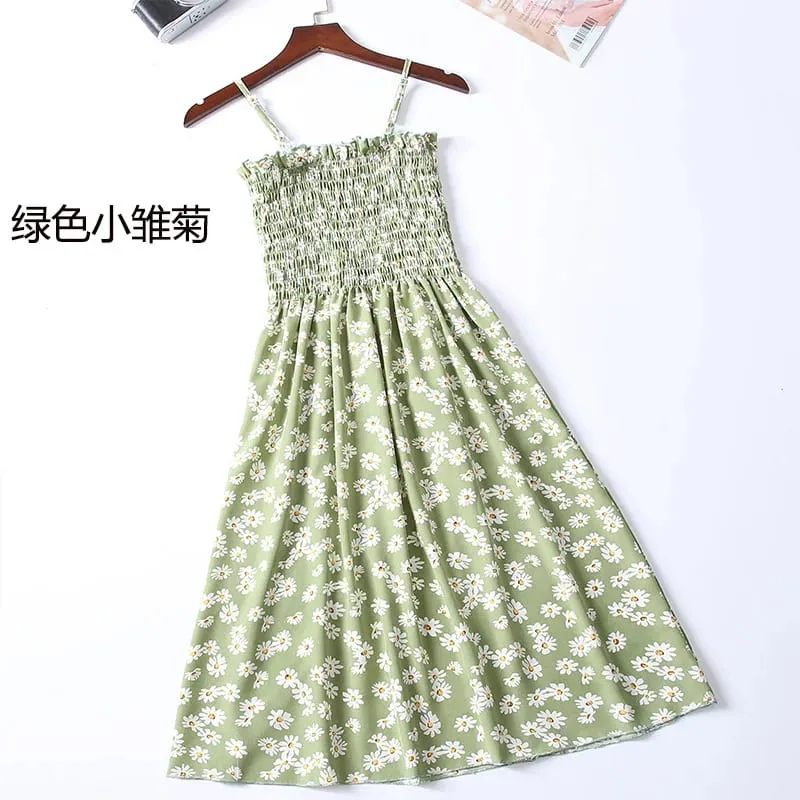 ฤดูร้อนมินิเดรสแฟชั่นหญิง Elastic High เอว Casual สปาเก็ตตี้สายคล้องคอผู้หญิงชุดชีฟอง Vestidos