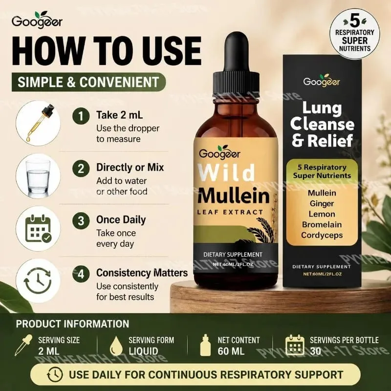 Googeer Yabani Sığırkuyruğu Yaprağı Ekstresi Sıvı Solunum Desteği Zencefil Limon Kabuğu Ekstresi Bromelain ve Cordyceps Ekstresi 60 ML