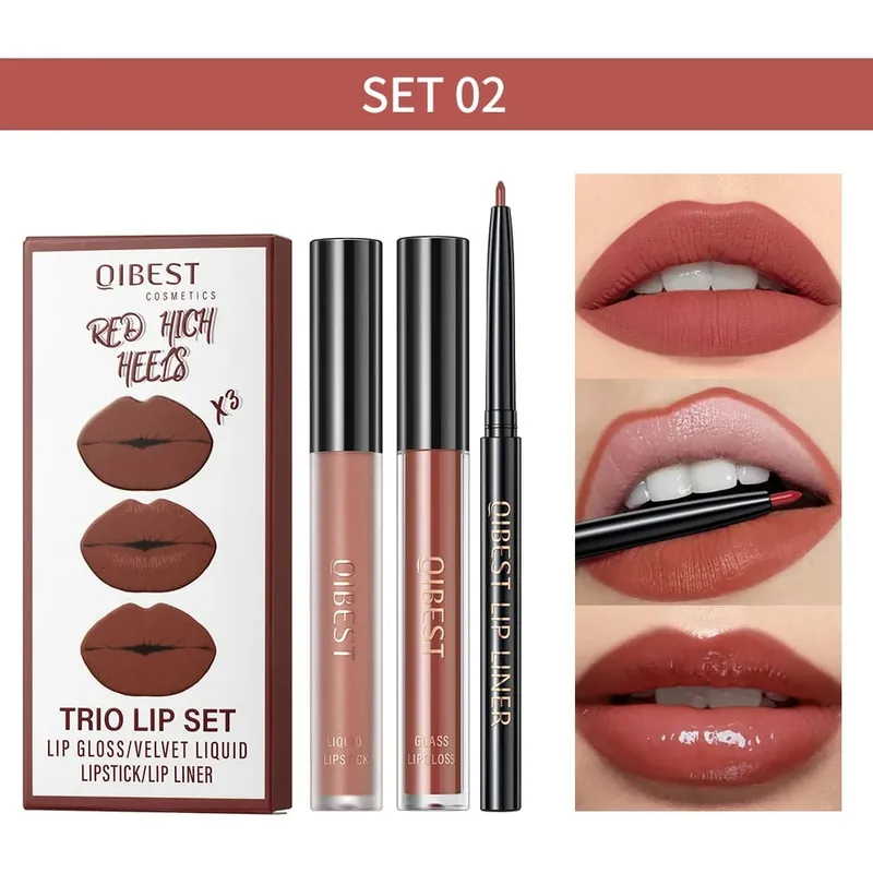 3pcs Lips Makeup Sets Include Lip Glaze Lip Mud And Lip Liner Long Lasting Nude Red Black Brown Lip Gloss Tint Cosmetics