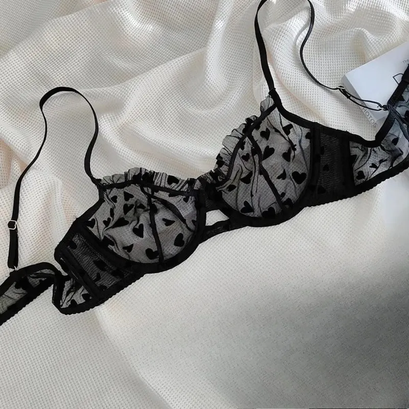 Women Heart Pattern Lace Underwire Bra Set Light Mesh Support Daily Intimates Lingerie Underwear Size 32‑38AB Women