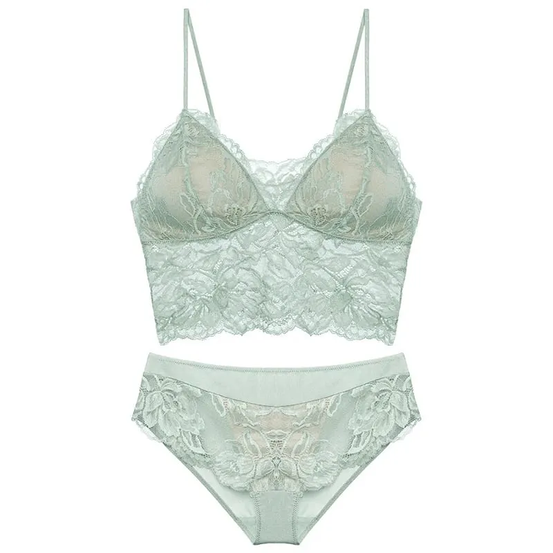 French Backless Bralette Sheer Lace Wireless Halter Top No Underwire Anti Nipple Show Comfort Bra & Tushy Set CA MOYISU Sexy Bra