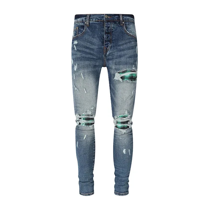 Fashionable New Men's Retro Blue Jeans With Pleated Elastic Perforated Blue Leather Patch Tight Tapered Pants Y2K