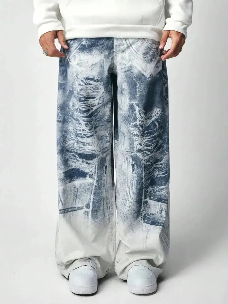 Mens Jeans Harajuku Y2K Streetwear Gothic Print Baggy Wide Leg Denim Pants Vintage Washed Straight Fit Grunge Punk Fashion Trend