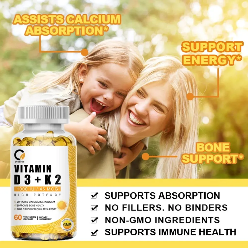 Suplemen Diet Vitamin D3 + K2 - Dukungan Kesehatan Tulang dan Jantung Membantu Mengatur Metabolisme Kalsium - 120 Softgels