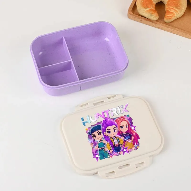 Demon Hunters Lunch Box for Boy Girl Cute Mira Zoey Jinu Portable Plastic Bento Box with Dinnerware Food Fruit Container