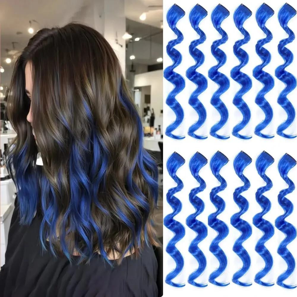 6 Pcs Black Hair Extensions 22 Inch Curly Wavy Colored Hair Colorful Clip in Extensions Highlight Party for Kids Girls Synthetic