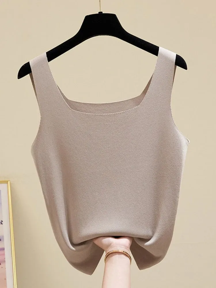 Summer Off Shoulder Tank Tops Women Fitness Short Camis Vest Female Knitted Sexy Square Collar Solid Crop Tops