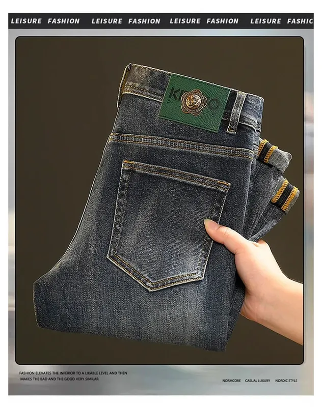 High-End Jeans Men's Versatile Washed Denim Clothing Fashion Casual Tappered Spring and Autumn Light Luxury Thick Trousers