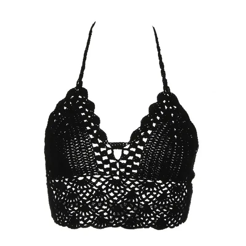 New Sexy Bikini Crop Top Crochet Boho Beach Camisoles Bikini Bralette Halter Cami Knitted Bra Women Backless Beachwear Tank Top