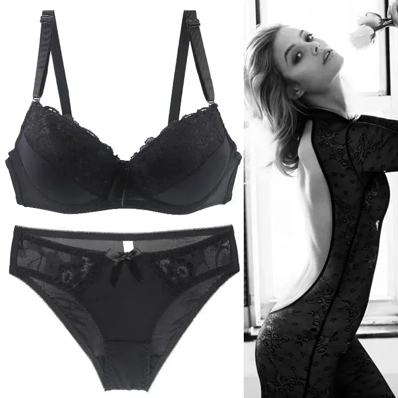 Women Push Up Bra Set Lace Thong Underwear Solid Bow Lingerie Plus Size 70-105 BCDE Cup Female Intimates — image 9