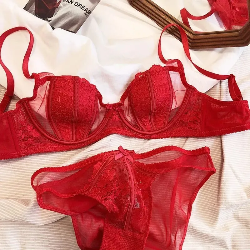 high quality sexy women bras and brief two piece set push up lace B C D cup wire summer lingerie underwear white pink red