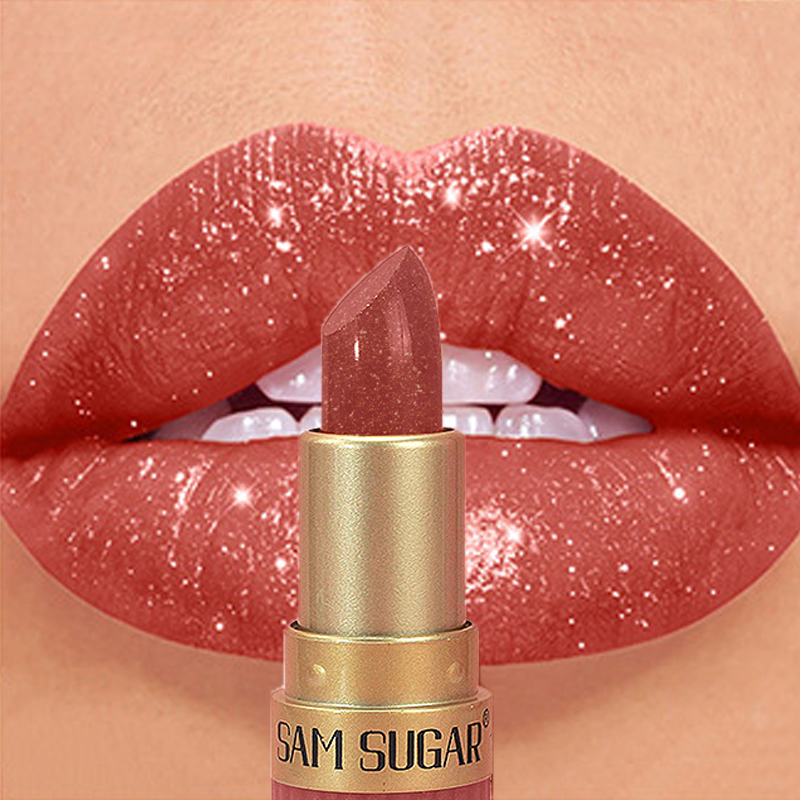 Diamond Pink Lipstick Chocolate Brown Metallic Glitter Lipstick Long-Lasting Waterproof Shimmer Pearl Sparkling Lip Gloss Makeup