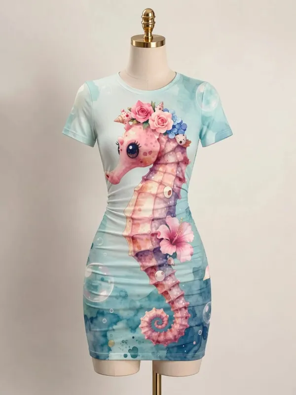 Mulheres manga curta bodycon mini vestido fino ajuste tripulação pescoço floral impressão casual festa de verão bonito elegante suave férias vestido de verão — image 9