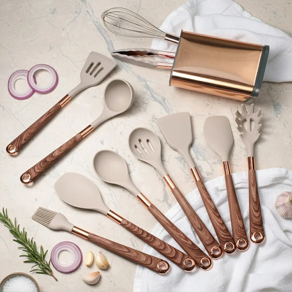 Silicone Cooking Utensils Set Non-Scratch Non-Stick Heat Resistant Spatula Spoon Rose Gold Handle With Bucket Kitchen Gift — image 2