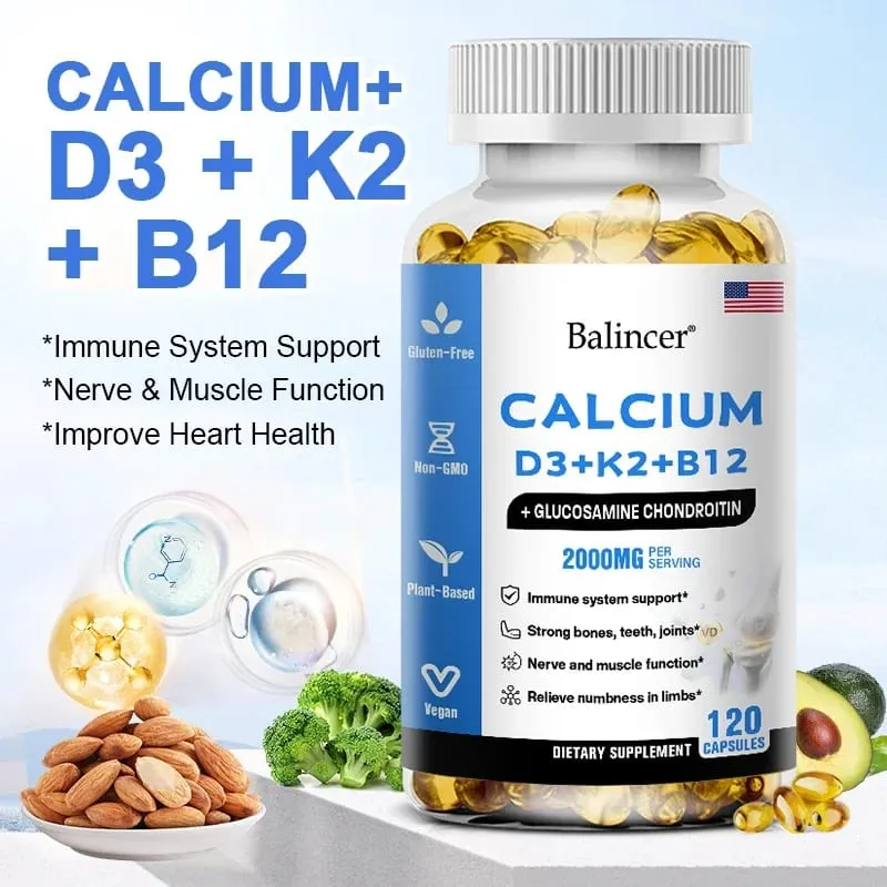 Balincer Vitamin D3+K2+B12 2000mg Capsules for Bone Immune and Calcium Support 120 Capsules Non-GMO