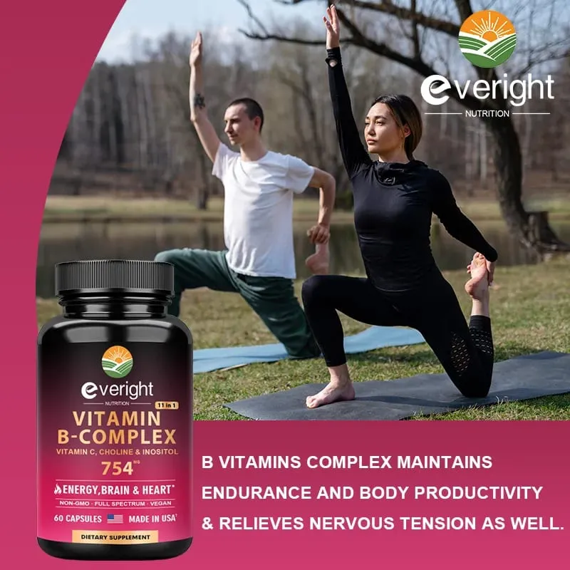 Vitamin B Complex for Energy Brain & Heart Support - with B1 B2 B3 B5 B6 B7 B8 B9 B12 with Vitamin C Choline Inositol