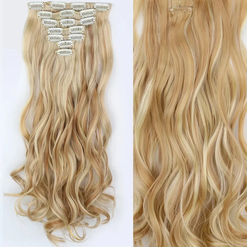Long Straight Hairstyle 16 Clips 7Pcs/Set Hair Extensions Natural Synthetic Blonde Black Hairpieces Heat Resistant For Women
