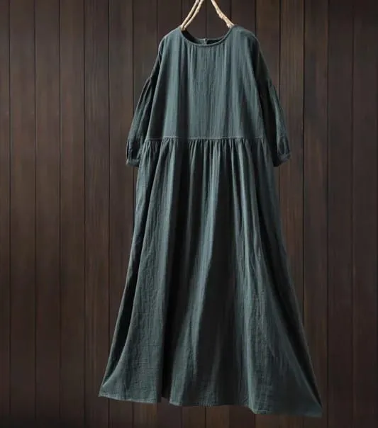 Johnature Women Vintage Cotton Dresses O-Neck Half Sleeve Soft Solid Color Robes 2025 Summer New Casual A-Line Female Dress