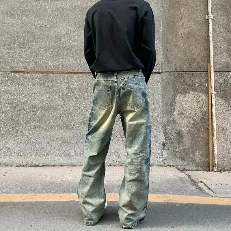 Men's Side Crease Design Straight Jeans Spring Street Sweatpants Boys Trousers Male High Waist Wide-leg Denim Pants