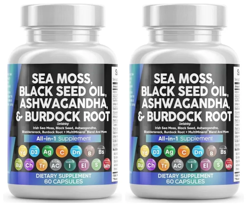 Sea Moss Capsules Contain Black Seed Turmeric & Vitamin D Plant-Based Daily Mineral All in One Supplement 60 Count Per Bottle