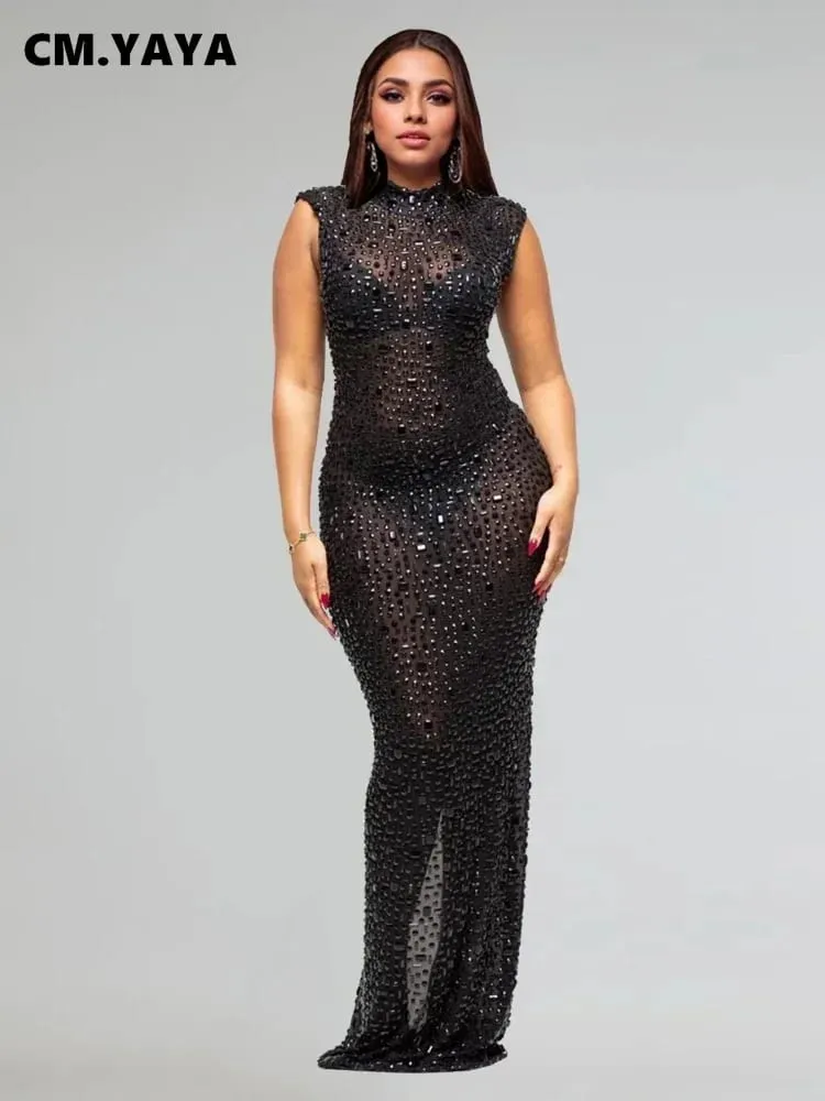 CM.YAYA 2024 Sonbahar Elmas Sıcak Rhinestones O-Boyun Kadın Kolsuz Bodycon Uzun Elbise Doğum Günü Partisi Akşam Balo Maxi Elbiseler — image 2