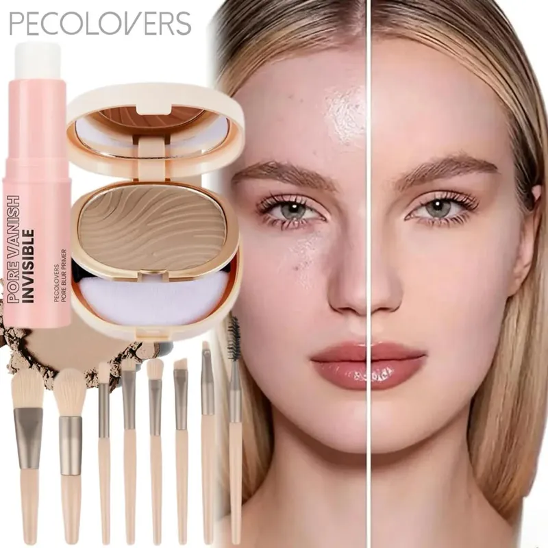 Face Makeup Set-1 Transparent Pore-Closing Stick+1 Oil-Control Loose Powder+8pcs Makeup Brush Tool Summer Waterproof Travel Set