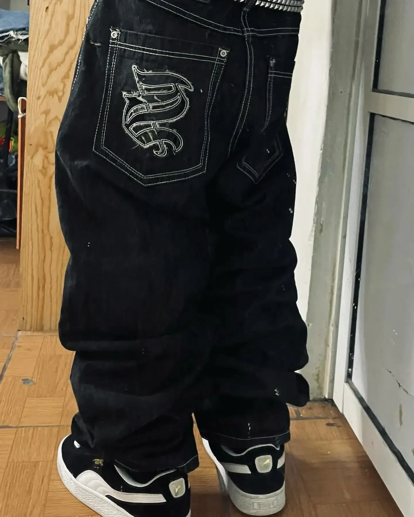 90s Gothic Centipede Embroidery Washed Oversized Wide-Leg Pants Jeans Men Y2K New Harajuku Punk Hip-Hop Rock Couple Street Wear