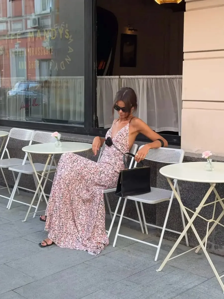 Pink Floral Printed Sling Maxi Dress Spaghetti Strap Deep V Neck Front Black Rose Detail Ruffle Hem Lady Street Vacation Dresses — image 5