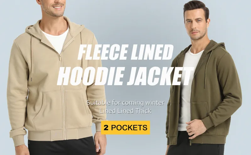 Big Pockets Fleece Lining Hoodies Mens Hooded Coats Full Zip Up Casual Hoodie Jackets Athlete Running Hiking Sportswear — image 3