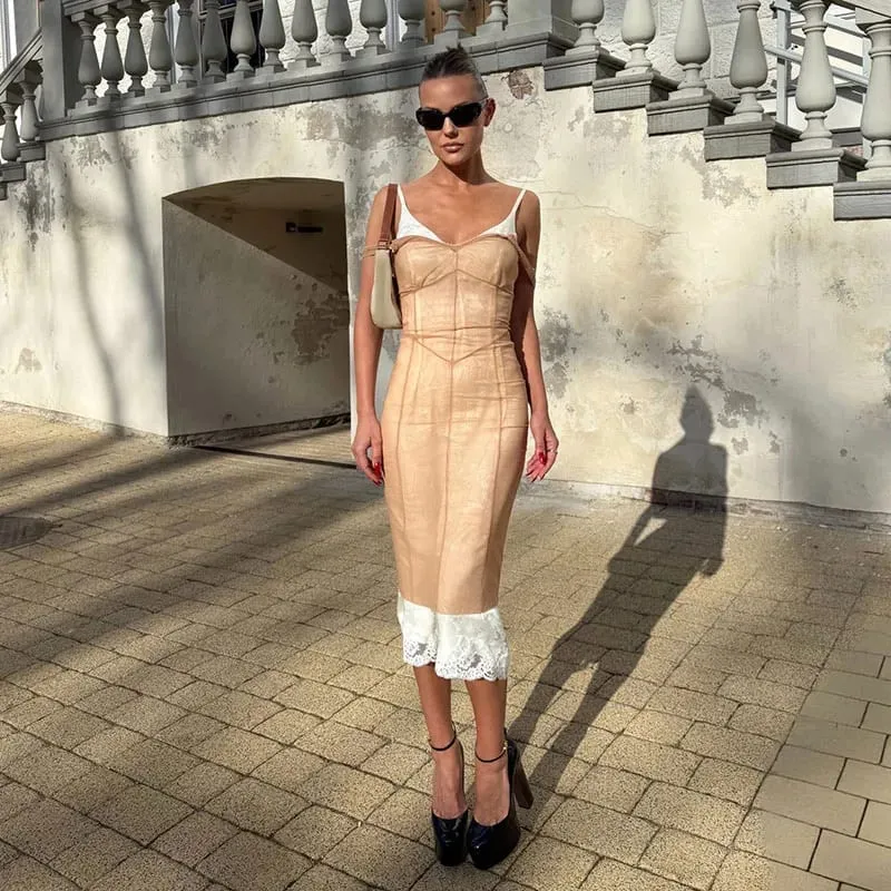 Sheer Mesh Overlay Spaghetti Strap Midi Dress Waist Cinched Sleeveless 2026 Summer Women Accessories Trendy Classy Lady Outfits