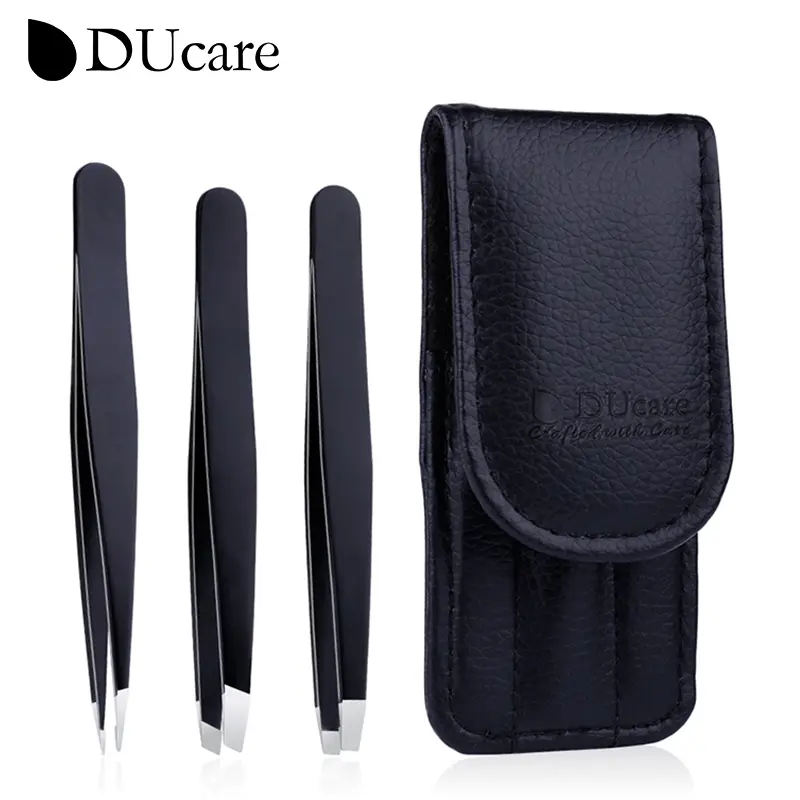 DUcare Professional Tweezers for Eyebrows Lash Twizzer Stainless Steel Eyelash Extension Classic Slant 3pc Hair Removal Tweezers