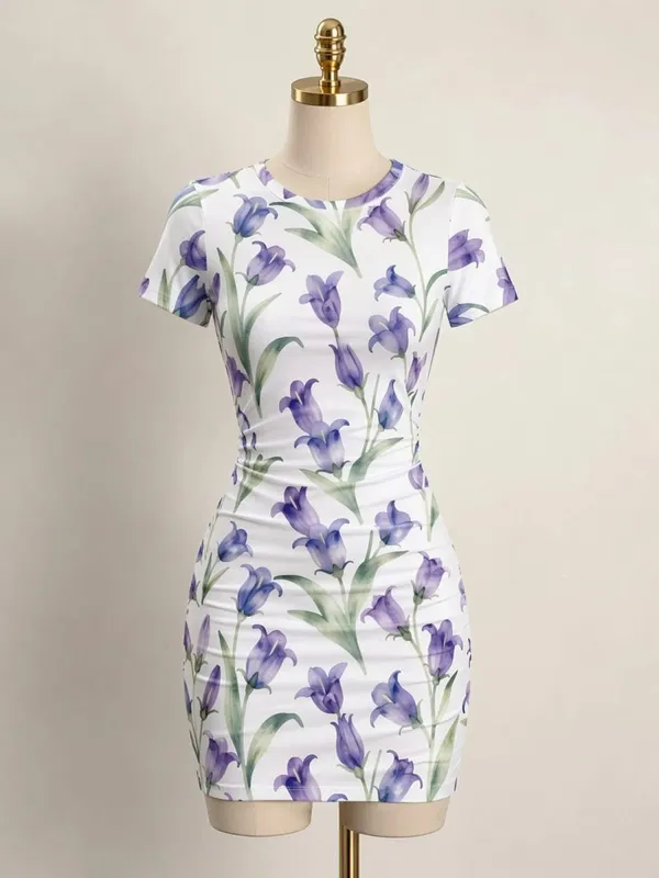 Womens Short Sleeve Bodycon Mini Dress Slim Fit Crew Neck Floral Print Casual Summer Party Cute Sweet Slimming Vacation Sundress