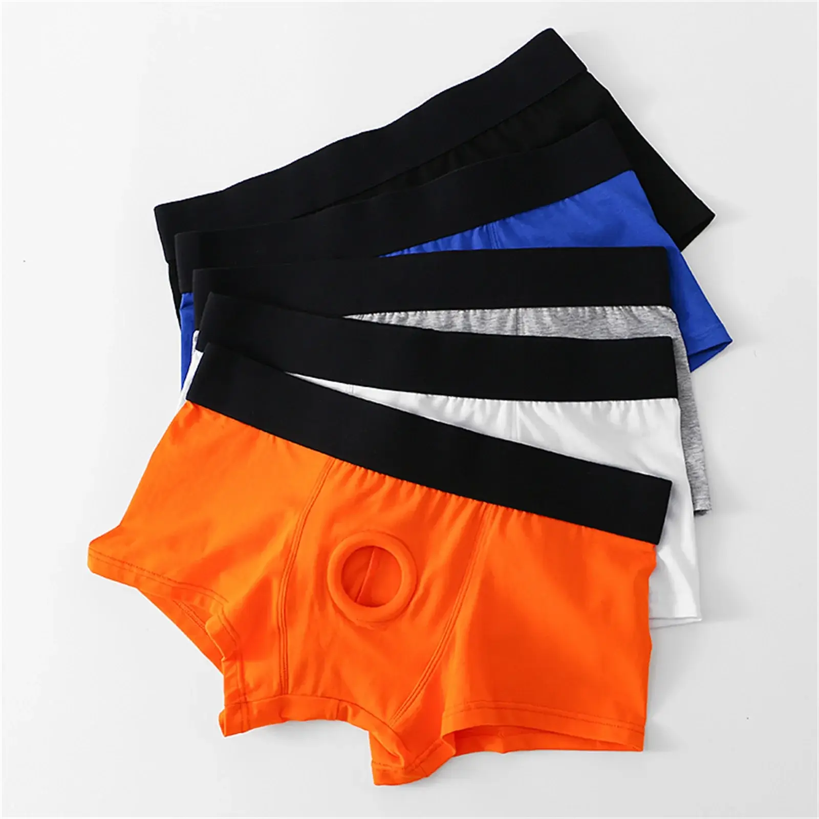 Herren-Boxershorts mit Vorderloch-Beutel, Unterwäsche, Silikon-Cockring, sexy Boxershorts, breiter Bund, Baumwollunterhose, aushöhlen, Dessous