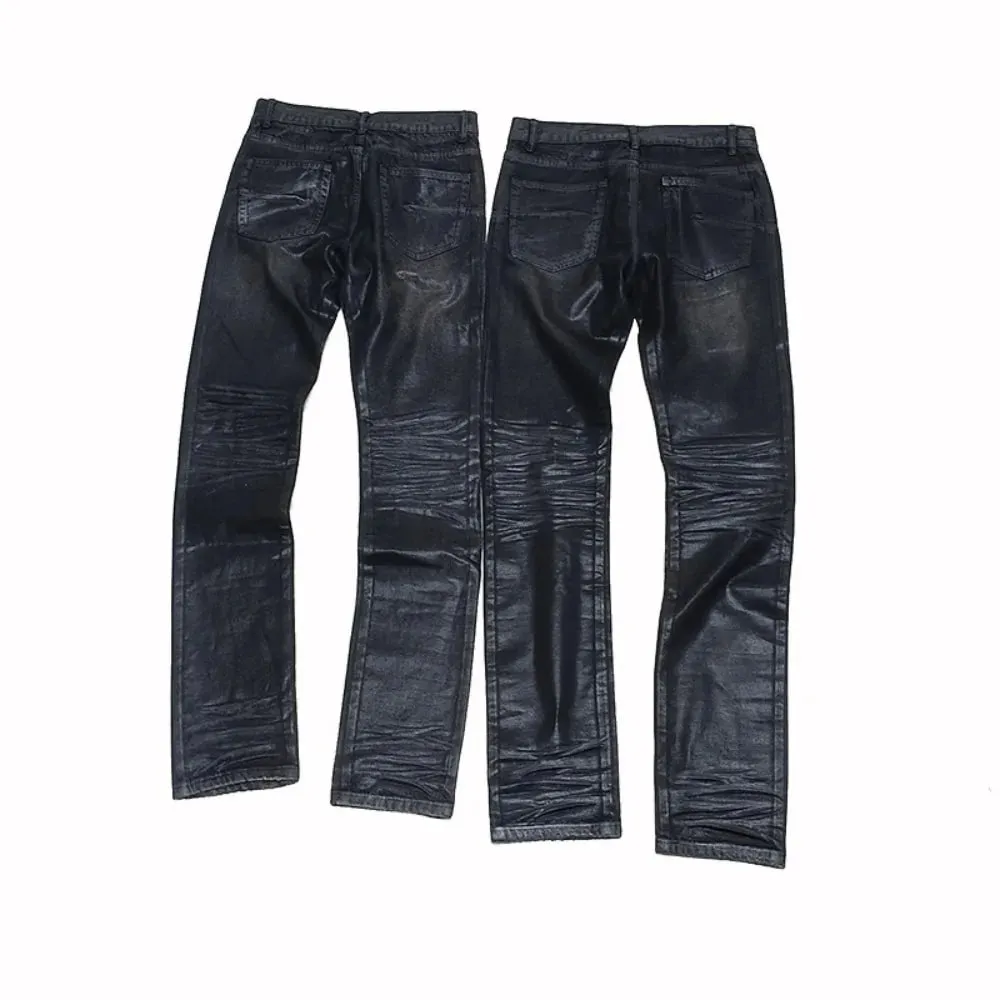 High Street Black Glue Wax Pants Women's Slim Fit Straight Leg Cat Whisker Jeans Streetwear Casual Denim Pants Men Clothing