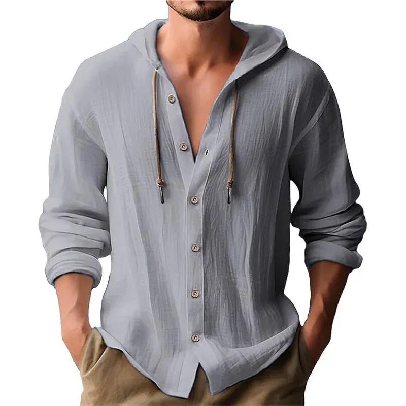 Men's Solid Color Casual Shirt Hooded Drawstring Cotton and Linen Cardigan Trendy and Versatile Loose Beach T-Shirt