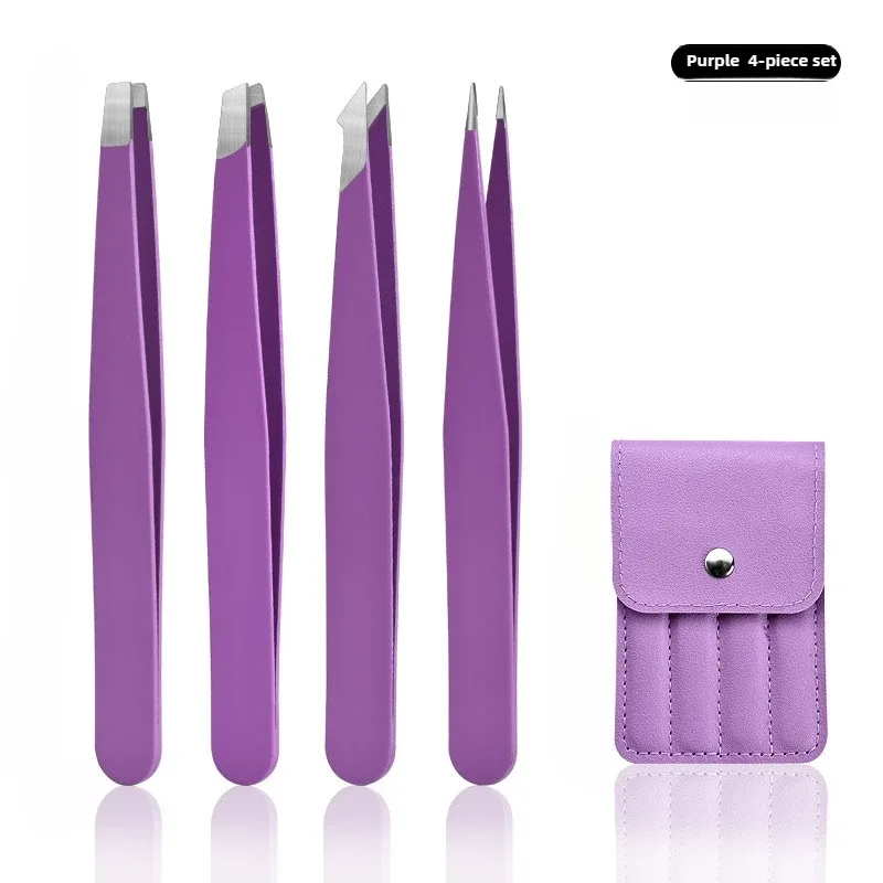 Stainless Steel Eyelash Tweezers 4 Pcs Can Precisely Facial Hair and Debris Makeup Tools Comes with a Folding Bag