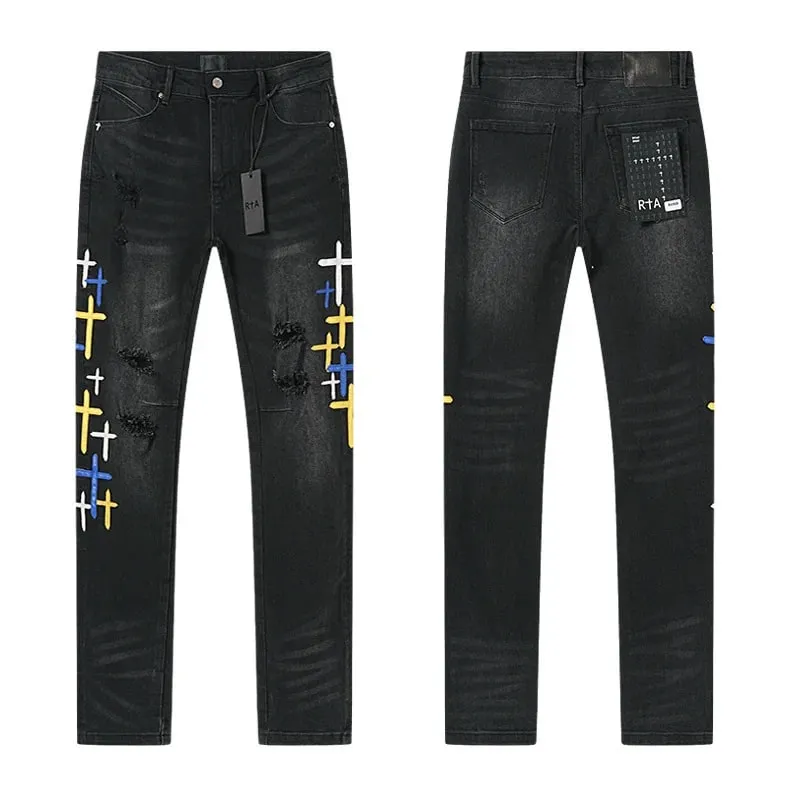 New RTA Destroyed Scratch Hole Light Blue Distressed Jeans Men's High Street Elastic Slim Fit Jeans 2026 Brand Pants Streetwear