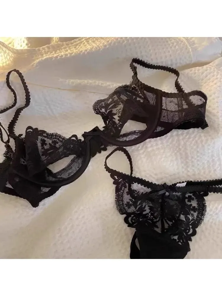 Parisian Lace Half Cup Bra Set - ชุดชั้นในฤดูร้อน Underwire บางเฉียบพร้อม Cutouts เชียร์และไม่มีฟองน้ำเซ็กซี่ French Desire