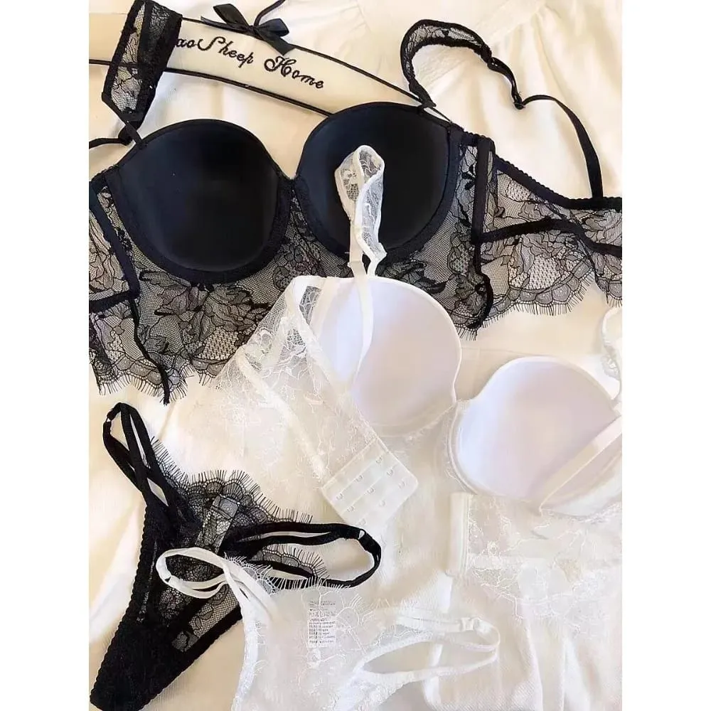 セクシーな Ladies Soft Underwire Lace Lingerie Set Summer Thin Cup Deep U‑Back Push‑Up Design Comfort Breathable Intimate Underwear