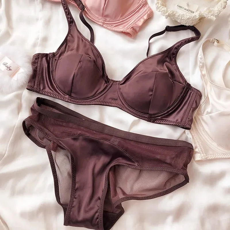 Kvinder Ice Silk Comfort Undertøj Sexet lille bryst Push Up BH Sæt Aftagelig polstring Tynd kop Bh BH Intimates Trussesæt — image 9
