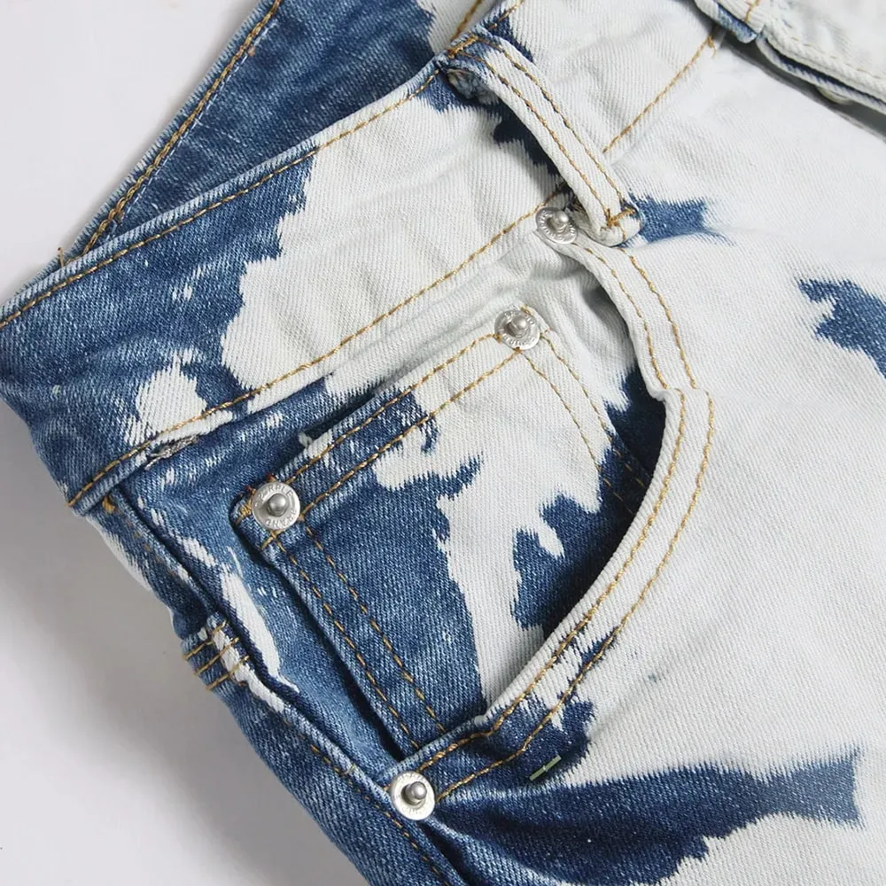 Erkekler Ince Konik Streç Kot Streetwear Ağartılmış Kot Pantolon Rahat Düğmeler Fly Mavi Beyaz Pamuk Pantolon — image 3