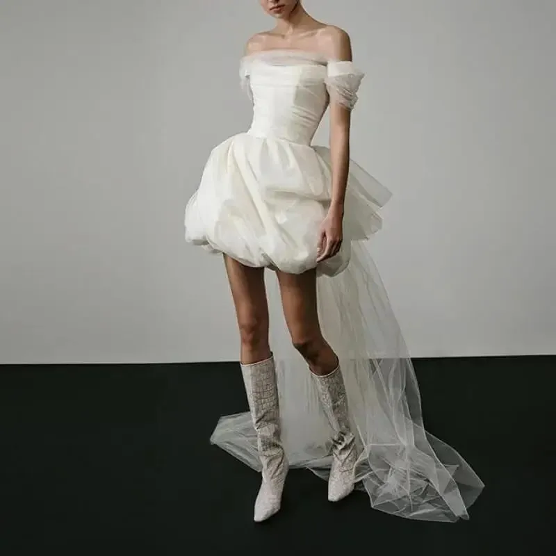 Nuevos Vestidos de novia ligeros y elegantes para mujer, minivestido nupcial blanco Sexy con cola de malla, Vestidos de fiesta de lujo para novia