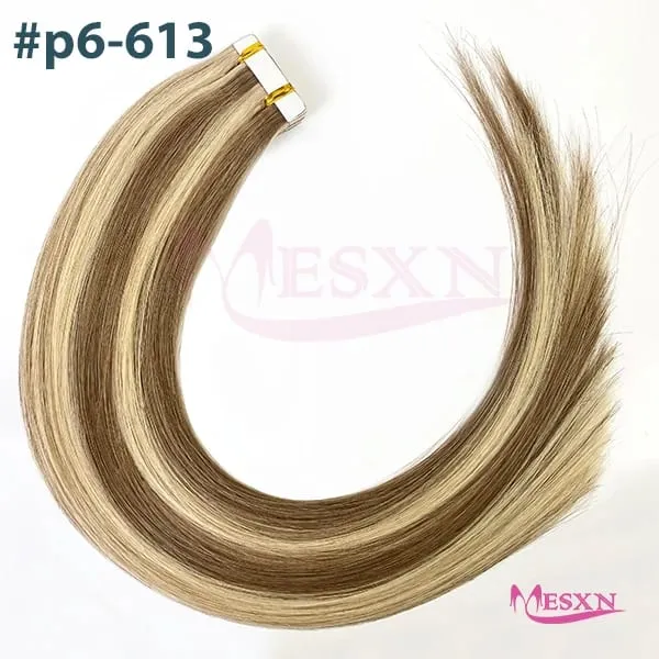 Tape In Hair Extensions 100% Real Human Hair Tape Weft InsInvisible Soft 16"-24" Brown Blonde 613 For Salon