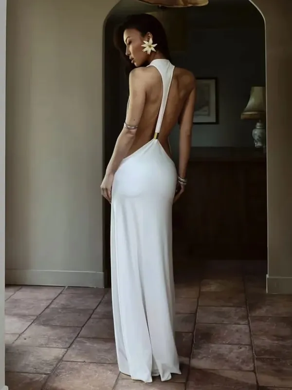 Solid Halter Backless Maxi-jurk met uitsnijding aan de zijkant Dames Stretch Jersey Vloerlengte Slanke bodycon-jurken Nachtclub Vakantiegewaad