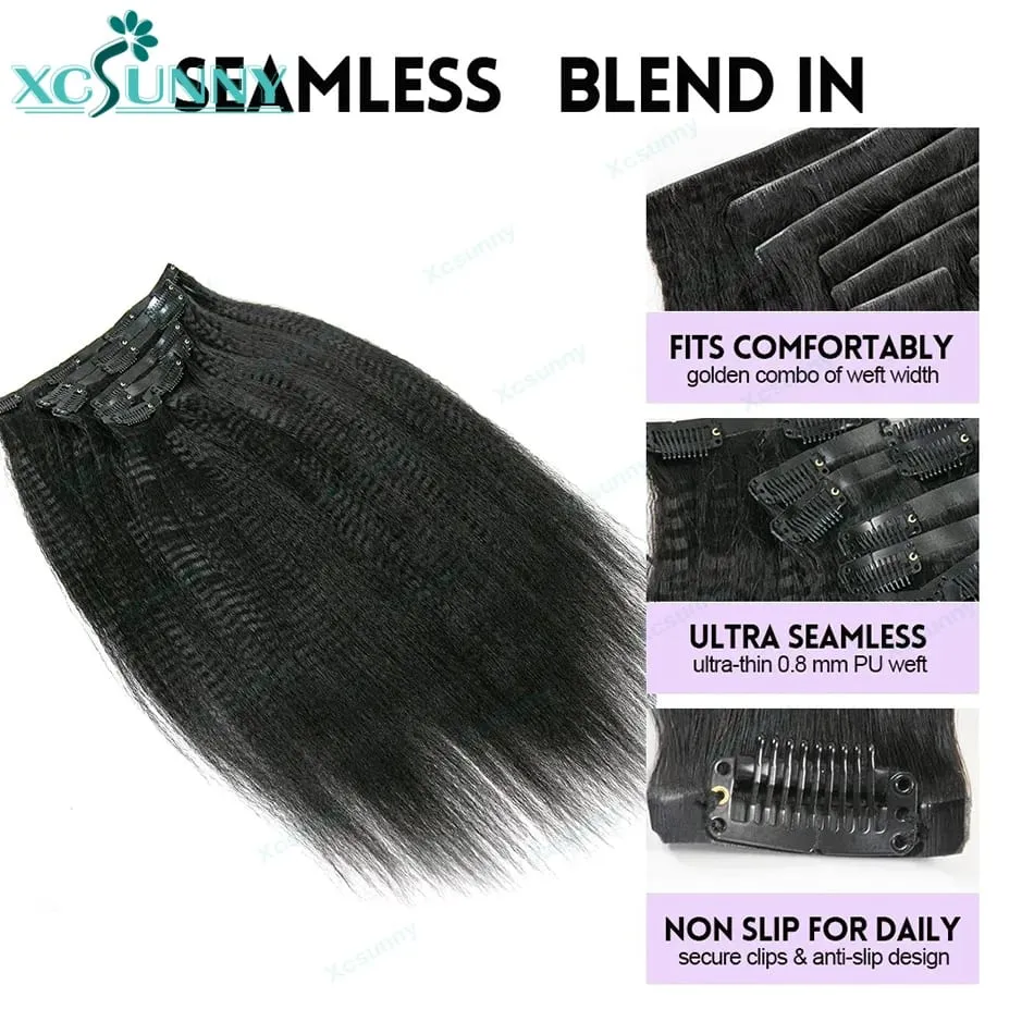 Invisable Edge Clip Ins Human Hair Extensions Yaki Straight Injected PU Tape Weft Clip In Hair Extensions 7Pcs/set Clip on Hair