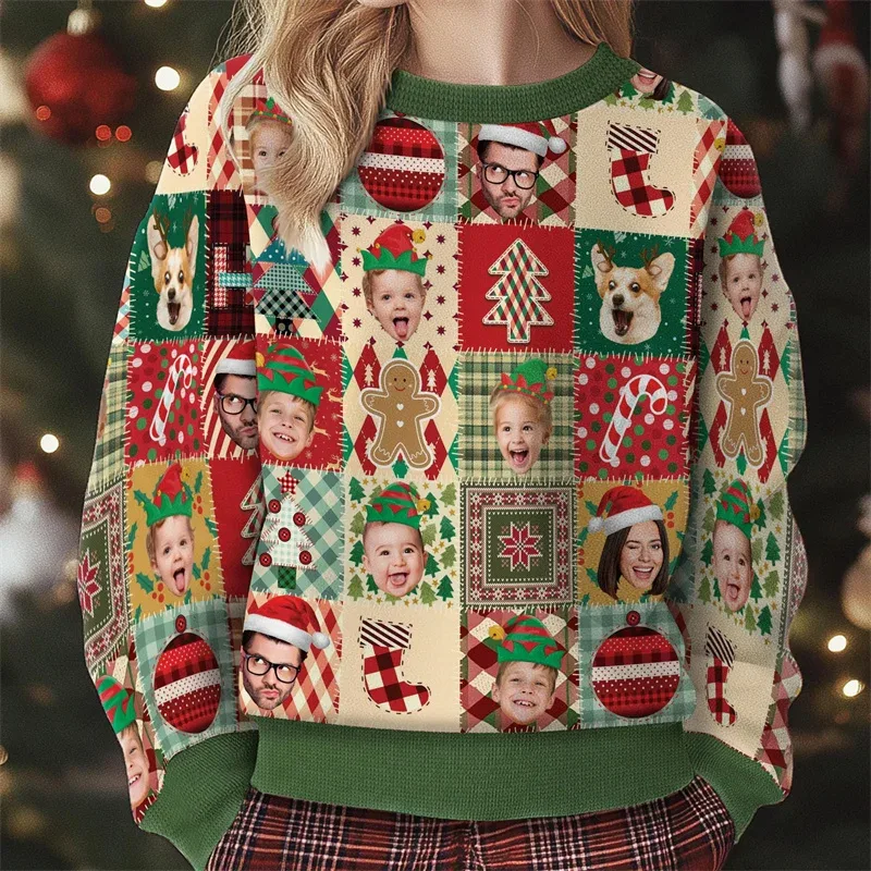 Personalized Custom Multi‑Face Christmas Sweatshirt Upload Family Pet Photos Ugly Xmas Reindeer Holiday Long Sleeve Tops