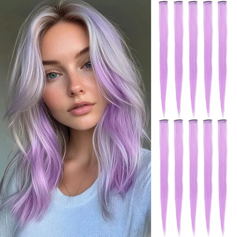 10Pcs Synthetic Colored Clip in Hair Extensions Hairpiece Party Highlights Straight Hair wig for Girls Kids Christmas Party Use