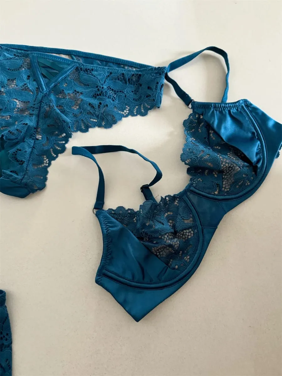 Satin three-piece thin section lingierie large breast underwear sexy lace bra breathable blue temperament underwear set