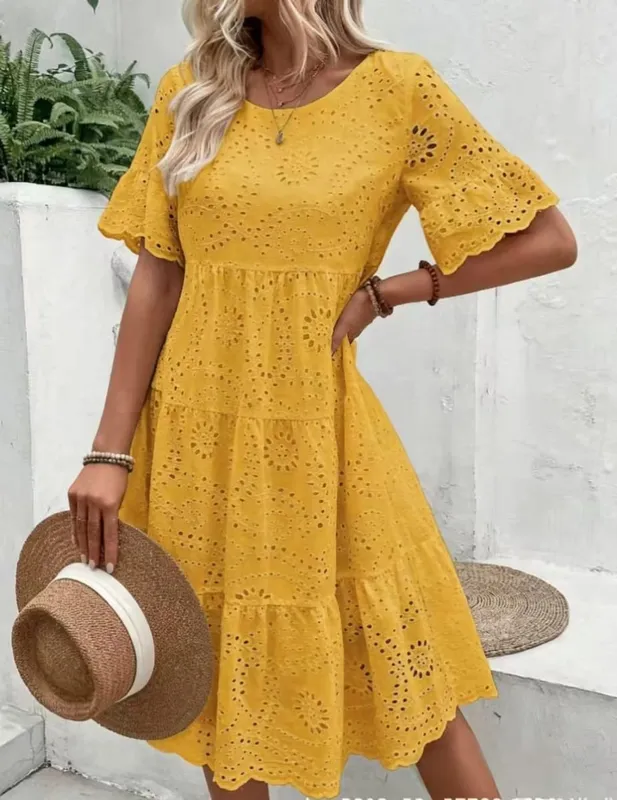 Nữ Trắng Silicon Thêu Đầm Midi Khoét Hở Boho Flowy Xù Tầng Váy Đầm Ngắn Tay Đi Biển Mùa Hè Áo — image 10